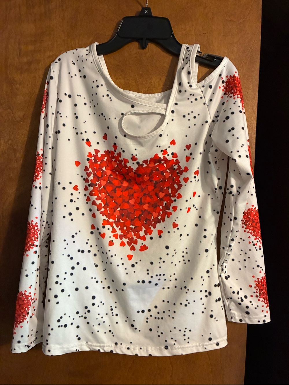 White Long-Sleeve Heart Print Women's Top - Red Heart Detail cut out at shoulder